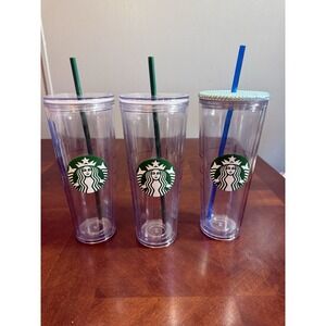 Lot Of 3 Starbucks ‎ Clear Cold Cup  Wall Acrylic 24oz Venti Tumbler Straw Lid